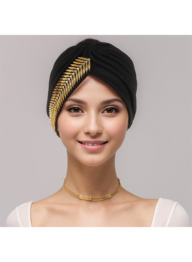 Golden Rhinestone Twist Headband Pre-tied Scarf Elastic Wedding Party Women's Hat Fashionable Stretch Breathable Bucket Hat - Image 3